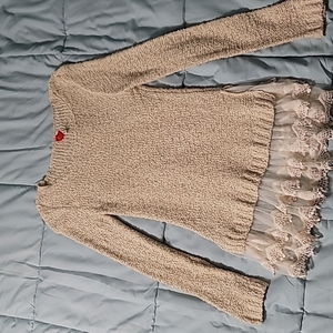 Fashonics‎ Beige Knitted LS Sweater Dress Mesh & Knitted Skirt Tail Women's S/M